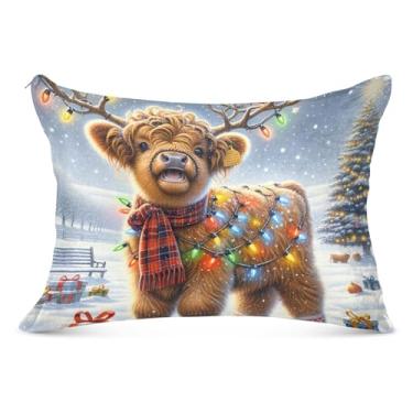 Imagem de Linda capa de travesseiro de flanela grande de vaca Highland de Natal decorativa longa King Queen tamanho padrão linda grande capa de travesseiro sonolento, tamanho do corpo, 53 cm x 137 cm
