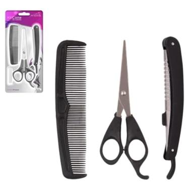 Imagem de Kit Cabeleireiro Barbeiro Profissional 3 Peças – Tesoura, Pente e Navalha – Corte de Cabelo e Barba para Salão, Barbearia e Uso Doméstico