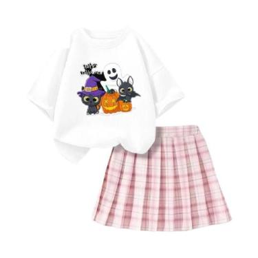 Imagem de Conjunto De Camiseta E Saia Xadrez Com Estampa De Gato Fantasma De Hal