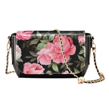 Imagem de Bolsa tiracolo feminina de couro floral vintage com flores amarelas e laranjas, bolsas transversais de couro para mulheres modernas, Pintura em aquarela com flores de peônia em preto-4, One Size