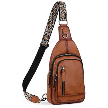 Imagem de HESHE Bolsa tiracolo de couro feminina com vários bolsos estilosas pochetes para viagem, Marrom claro, Medium