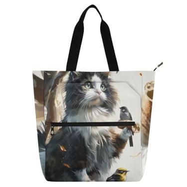 Imagem de GAIGEO Bolsa de trabalho floral Cat Birds para mulheres, bolsa de lona para faculdade, escola, uso diário, com compartimentos