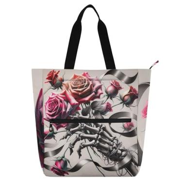 Imagem de GAIGEO Bolsa feminina de tecido de lona com flores de esqueleto rosa para faculdade, escola, utilitária, escritório, com compartimentos