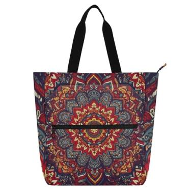 Imagem de Boho Mandala Fire Red Book Tote Bag para mulheres, crianças, zíper, escola, ombro, trabalho, viagem, bolsa reutilizável