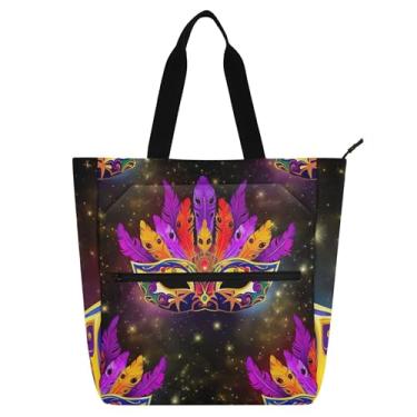 Imagem de GAIGEO Máscara de carnaval com penas vibrantes, sacola para mulheres, crianças, trabalho, escola, zíper para livros, impressão artística