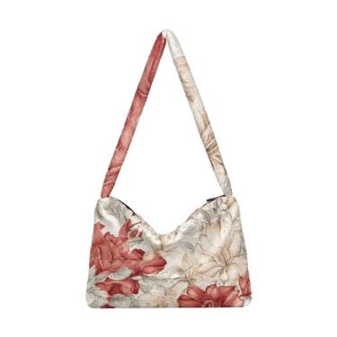 Imagem de Arranjo de aquarela floral bolsa de ombro feminina de pelúcia, bolsas femininas, bolsas de outono, Flor em aquarela tricolor bege vermelha, One Size