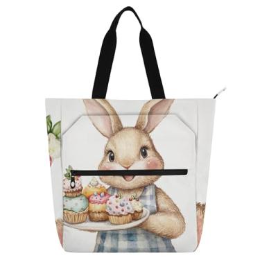 Imagem de Smiling Bunny Bolsa infantil com estampa em aquarela com zíper para livros escolares bolsa utilitária para presente