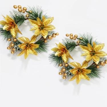 Imagem de 2 peças de pequenos anéis de vela de guirlanda de Natal, guirlandas artificiais de cedro cipreste com pinhas e frutas vermelhas, castiçais para decoração de mesa de centro de mesa de férias (anéis 01)