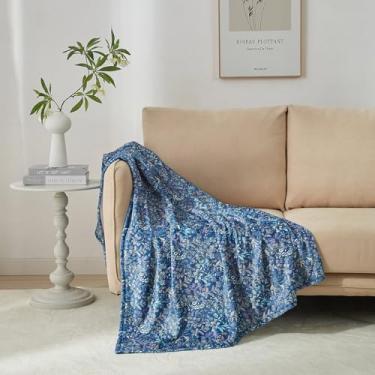 Imagem de Cobertores de flanela macia Boho para adultos, mantas quentes escovadas com padrão de flores, cobertor de escritório portátil para cochilo, azul marinho, 139 x 159 cm