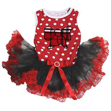 Imagem de Petitebella Vestido de cachorro tutu de renda vermelha com laço xadrez (médio, vermelho)