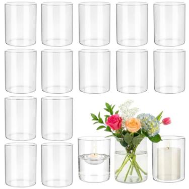 Imagem de 16 peças de vasos cilíndricos de vidro para centros de mesa, decorações de mesa de centro de mesa de festa de aniversário, casamento, vasos pequenos de 10 cm em massa para flores, pilares, velas