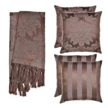 Imagem de Kit Manta para Sofá Jacquard 1.8x1.4m + 4 Capas de Almofada 45x45cm - Conjunto Protetor e Decorativo com Franjas Artesanais(Marrom 16)