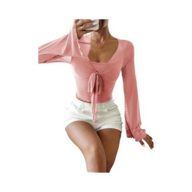 Imagem de Camiseta Floral Feminina Y2K Com Decote Em V, Manga Flare Com Renda, V