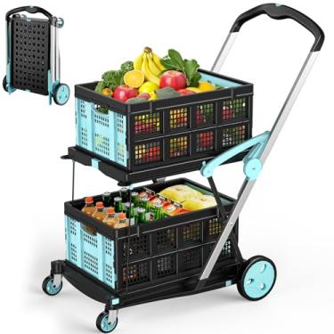 Imagem de Carrinho de compras dobrável com rodas, carrinho de compras com capacidade de 90 kg com 2 caixas de armazenamento, carrinhos dobráveis multifuncionais com freio de pé para mantimentos, escritório