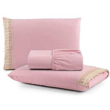 Imagem de Jogo Cama Lençol Haia Casal Padrão Percal 200 Fios 100% Algodão Guipir Bordado Inglês 3 Peças - Rosê