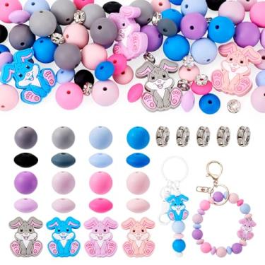 Imagem de Cheriswelry 78 peças de contas focais de silicone de Páscoa fofo animal coelho contas redondas de silicone abaco contas espaçadoras de strass 14-28,5 mm para chaveiro, canetas, pulseira, cordão, faça