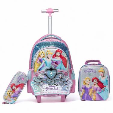 Imagem de Kit Mochila Lancheira Estojo Princesas Infantil Feminina Rodinha Escolar Disney-Feminino
