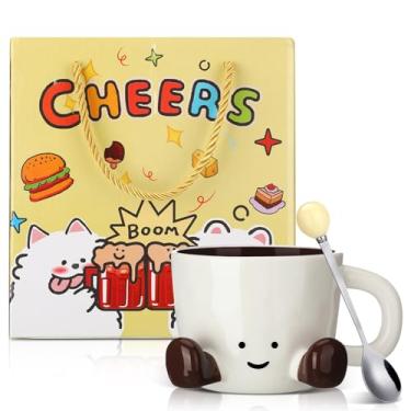 Imagem de Yiyiring Caneca de café fofa para mulheres conjunto com tampa colher de cerâmica novidade canecas 354.4 g 370ml xícaras de café engraçadas com alça escova de limpeza para família, colegas de trabalho