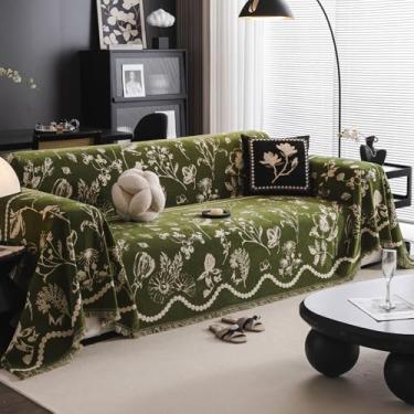 Imagem de DREAMINGO Capa de sofá floral verde de jacquard botânico para 3 almofadas de sofá de chenille aconchegante, móveis de sala de estar, futon, laváveis, GG 180 x 340 cm