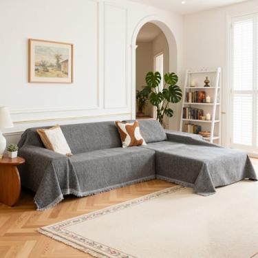 Imagem de MEETSKY Capa de sofá para sofá seccional, capa de sofá de chenille para sofá em forma de L lavável, 2 capas de sofá para sofá de 3 a 4 almofadas, protetor de móveis (180 x 299 cm + 231 x 340 cm, cinza