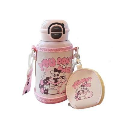 Imagem de Yenergy Garrafa térmica de 500 ml fofa de desenho animado para crianças, garrafa de água isolada de aço inoxidável 316 com manga e alça, dois modos de beber para viagens escolares, à prova de