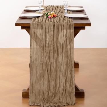 Imagem de Santaben Caminho de mesa de gaze rústico de gaze nude 50 cm × 300 cm caminho de mesa de pano de queijo 3 m para Natal, inverno, festa de aniversário, cerimônia de casamento, chá de bebê, decoração de