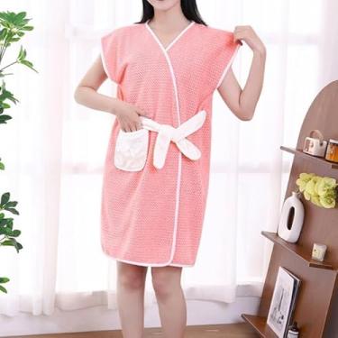 Imagem de Toalha de banho, envoltório de chuveiro de secagem rápida para mulheres, vestido de toalha absorvente com bolso, roupão de banho spa ajustável (rosa)