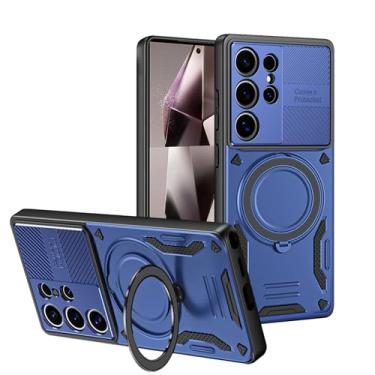Imagem de POYUFRG Capa magnética para Samsung Galaxy S26 Ultra/S26 Plus/S26, capa fina à prova de choque com suporte de metal giratório, capa de proteção de lente com tudo incluído, azul, S26 Ultra