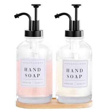 Imagem de Dispensador de sabão de vidro com bomba, bandeja, funil, sabonete de bancada e dispensador de loção conjunto de 2, dispensador de louça e sabonete de mão para pia de cozinha, banheiro, chuveiro, com