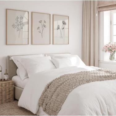 Imagem de Pôster de linha botânica minimalista de 3 peças, impressões florais abstratas, arte de parede, pintura em tela, arte emoldurada para sala de estar, dormitório, decoração de quarto com moldura interna