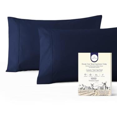 Imagem de Conjunto de 2 fronhas 1000 fios azul marinho padrão de 2 fronhas King 100% algodão egípcio com fibra longa de cetim de algodão trançado sedoso macio como hotel capas de travesseiro para dormir