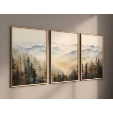 Imagem de 3 peças de arte de parede de abeto montanha enevoada floresta paisagem pôster impressões costeiras pintura em tela arte para sala de estar decoração de casa com moldura interna