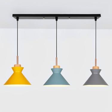 Imagem de Lustre moderno E26 para interiores, estilo linear, com cúpula metálica colorida, 3 lâmpadas, ideal para sala de jantar, quarto, cozinha ou ilha. Altura ajustável.
