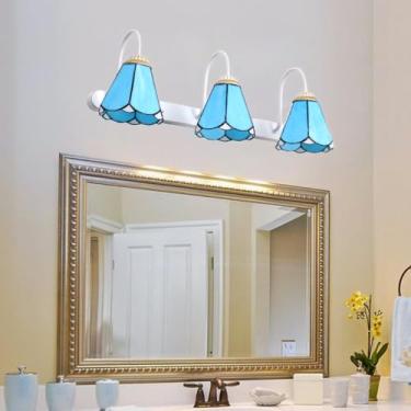 Imagem de Luminária de parede E27 para banheiro, estilo Tiffany, com três lâmpadas criativas e espelho frontal, ideal para quartos e banheiros (Azul Marinho).