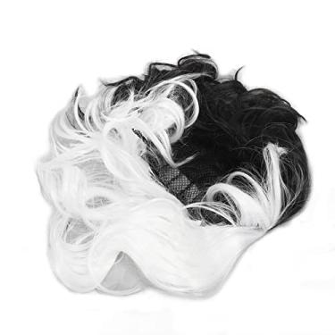 Imagem de Naroote Peruca Feminina Meio Preta Meio Branca Curta Ondulada Macia e Grossa para Festas, Halloween e Vida Diária Cabelo Sintético de Alta Temperatura