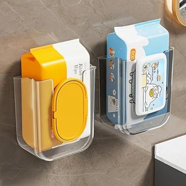 Imagem de Dispensador de lenços umedecidos de parede, organizador de armazenamento de plástico transparente com design autoadesivo, suporte compacto de 13 × 14,5 cm para banheiro, cozinha, trocador de bebê
