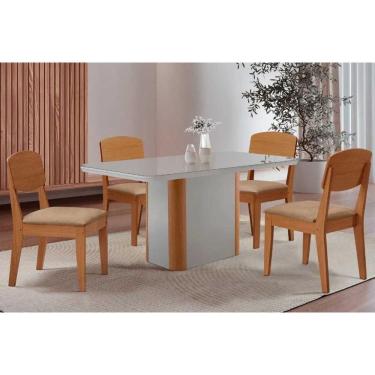 Imagem de Conjunto: Mesa de Cozinha Pietá c/ Tampo Madeirado c/ Vidro Canto Curvo 120x80cm e 4 Cadeiras Havana Naturale/Off White - Linho Bege - Rufato