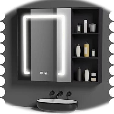 Imagem de Armário de espelho de banheiro branco iluminado por LED, armário de remédios de parede com espelho, interruptor de toque, armário de armazenamento grande, preto 75 cm/30 polegadas (cor: preto,