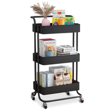 Imagem de Carrinho Organizador Multiuso 3 Prateleiras Premium Resistente Alça Rodízio Cozinha Banheiro Escritório Fruteira Lavanderia