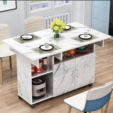 Imagem de Mesa de jantar dobrável moderna, mesa de jantar com folhas caídas, mesa de jantar extensível com gaveta e prateleiras de armazenamento, mesa de jantar com 6 rodas, em 3 formas, economia de espaço