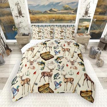 Imagem de Feelyou Conjunto de cama macio de pesca e caça, para meninos e meninas, grande cervo e pato, tamanho casal, rústica, campo, edredom de microfibra, 3 peças com 2 fronhas