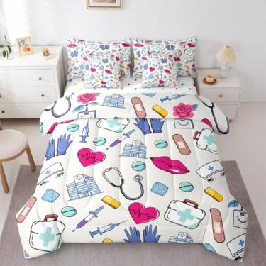Imagem de Jogo de cama casal e edredom de enfermeira, presente de enfermeira, desenho animado, 7 peças, acessórios de enfermeira para trabalho, para escola, escola, enfermagem, presentes para estudantes de