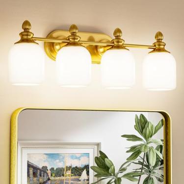 Imagem de Keonjinn Luminárias douradas para banheiro, 4 luzes vintage para espelho com persianas de vidro fosco, base E26 com certificação UL (lâmpadas não incluídas), luminárias reversíveis para banheiro