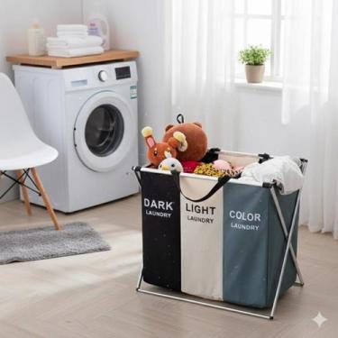 Imagem de Cesto de Roupa Suja 3 Divisórias Aço Cromado Reforçada Organizador Lav