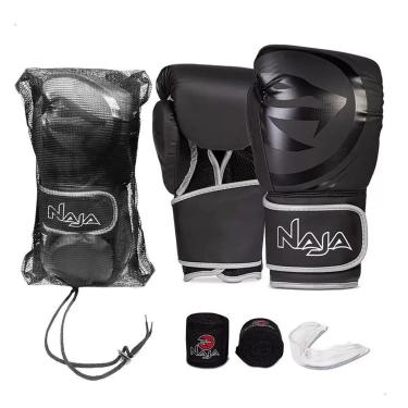 Imagem de Kit Luva de Boxe Muay Thai - Naja Mod. Black Line Preto/Prata + Bandagem + Bucal-Unissex