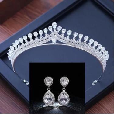 Imagem de Conjunto Coroa E Brinco Strass E Zirconia Noiva Prata Gota - De Castro