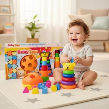 Imagem de Brinquedo Educativo Bebê 1 Ano Ursinho Argolas Monta Desmonta Peças De