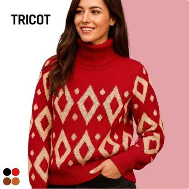 Imagem de Blusa Tricot Geométrica Manga Longa Gola Alta - Vitrine Collection, Ve