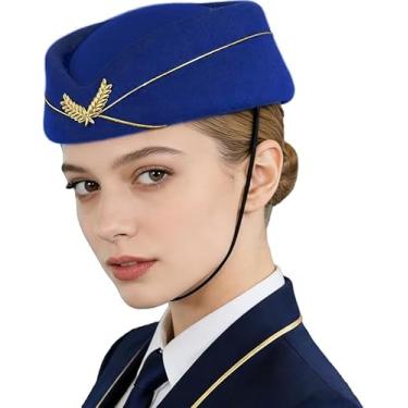 Imagem de Chapéu de comissária de bordo para mulheres, chapéu de aeromoça, boina, acessório de uniforme de companhia aérea, fantasia de cosplay de Halloween, Azul escuro, tamanho �nico