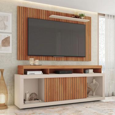 Imagem de Kit Sofá Cheer Solar 3 Lugares Com Rack Painel New Oscar Boucle Marrom/freijo/off White